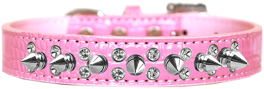 Double Crystal and Spike Croc Dog Collar Light Pink Size 18